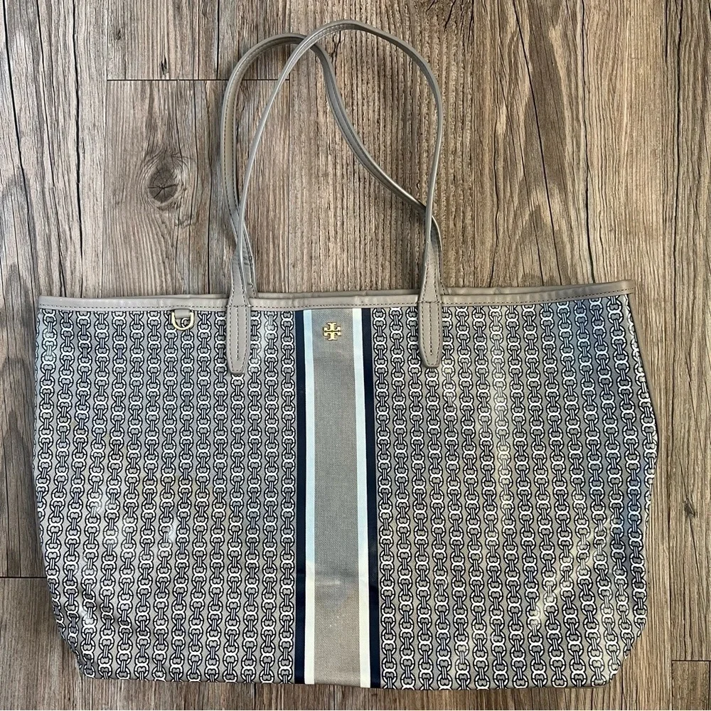 Tory Burch Taupe/Navy Printed Tote
